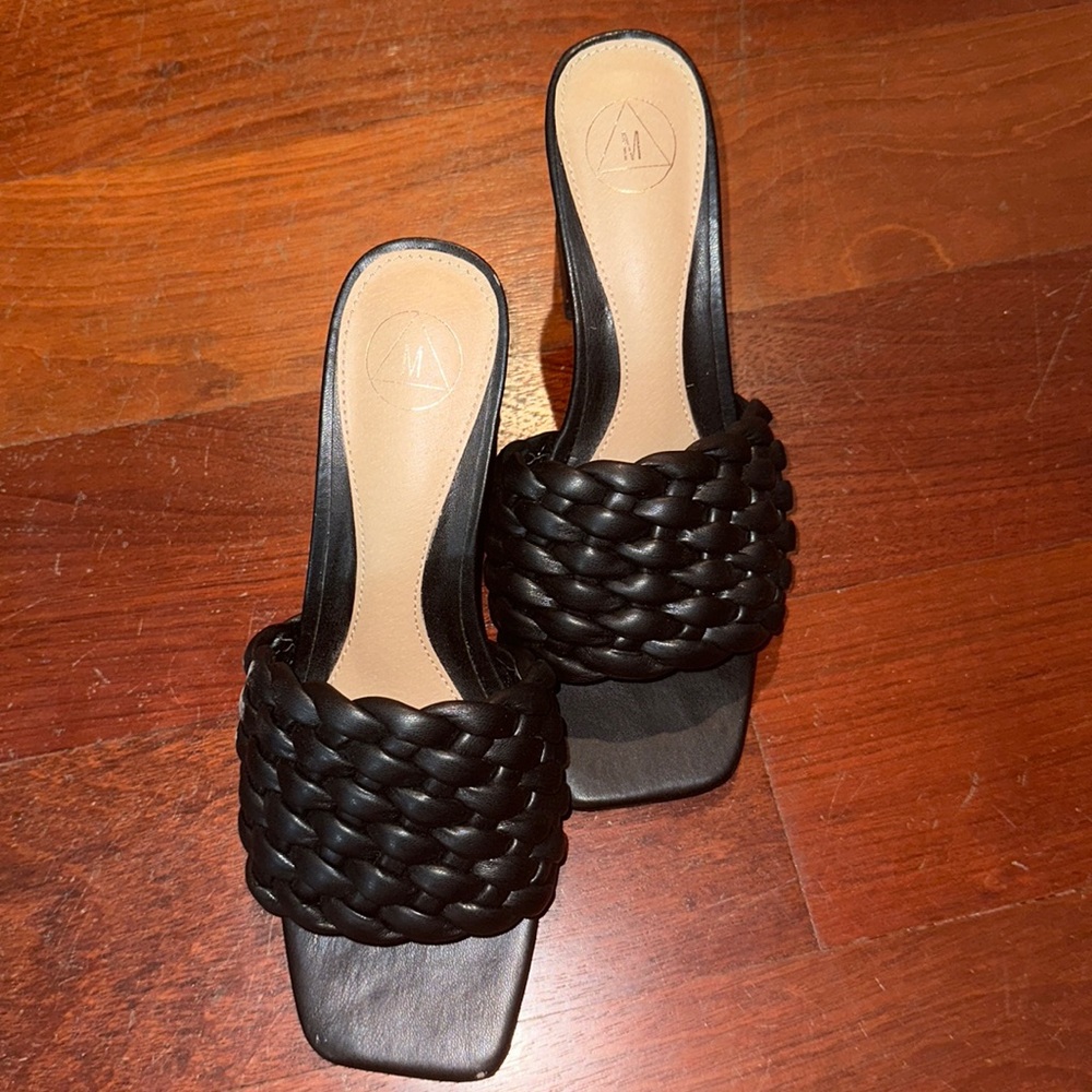 Black braided heeled sandals
